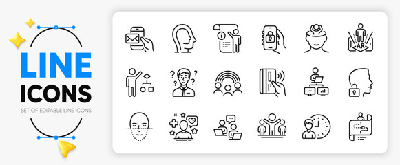 Algorithm, Unlock system and Journey path line icons set for app include Face recognition, Work home, Contactless payment outline thin icon. Winner, Working hours. Yellow 3d stars with cursor. Vector