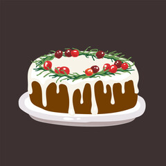 Christmas dinner with traditional Christmas cake decorated berries in ceramic bowl. Vector illustration