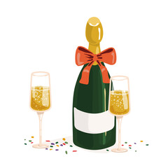 Champagne bottle and glasses. Vector illustration