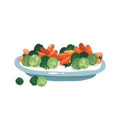 Christmas dinner with vegetables baked brussel sprouts, baby carrot in ceramic bowl. Vector illustration