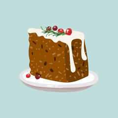 Christmas dinner with slice of cake decorated berries in ceramic bowl. Vector illustration