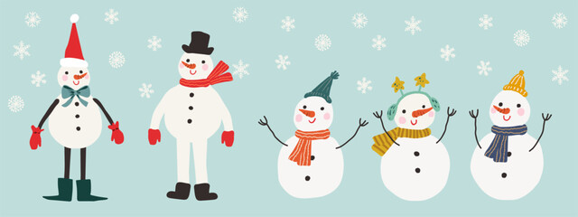 Merry Christmas and Happy New Year banner. Christmas set with cute snowmen. Vector illustration