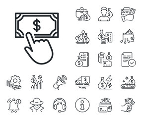 Dollar exchange sign. Cash money, loan and mortgage outline icons. Payment click line icon. Finance symbol. Payment click line sign. Credit card, crypto wallet icon. Inflation, job salary. Vector