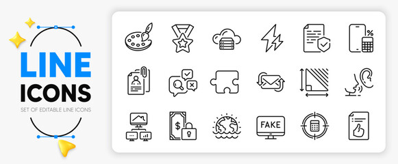 Certificate, Winner ribbon and Disaster line icons set for app include Triangle area, Electricity, Refresh mail outline thin icon. Calculator target, Approved document, Puzzle pictogram icon. Vector