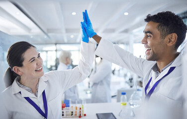 Science, high five and man with woman in laboratory for agreement, success or deal. Teamwork,...