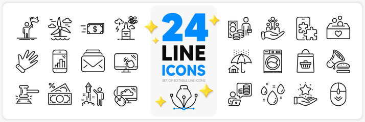 Fototapeta na wymiar Icons set of Inclusion, Online buying and Home insurance line icons pack for app with Phone puzzle, Mail, Donation thin outline icon. Burger, Cloud computing, Money transfer pictogram. Vector
