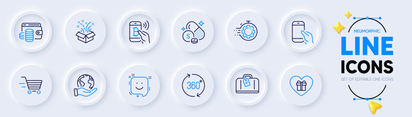 Seo timer, Hand baggage and Bitcoin pay line icons for web app. Pack of Hold smartphone, Save planet, Delivery shopping pictogram icons. Smile, Romantic gift, Wallet money signs. Gift. Vector