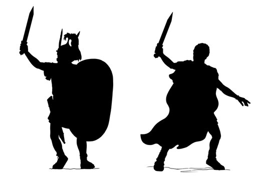 recommend clip art: Roman general and imperator Gaius Julius Caesar with roman centurion. Warriors silhouette drawing.