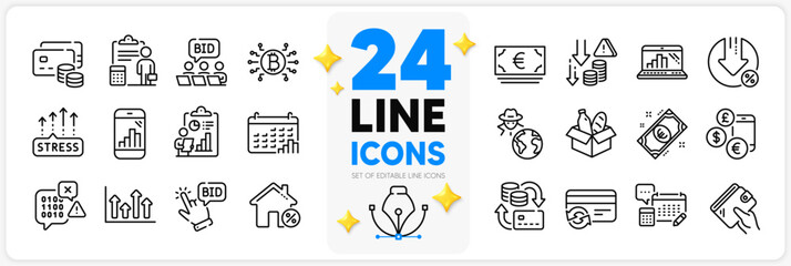 Icons set of Change card, Loan house and Money line icons pack for app with Calendar graph, Report, Deflation thin outline icon. Stress grows, Loan percent, Accounting pictogram. Vector