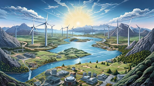 Illustration a renewable energy landscape with various sources working together in harmony.