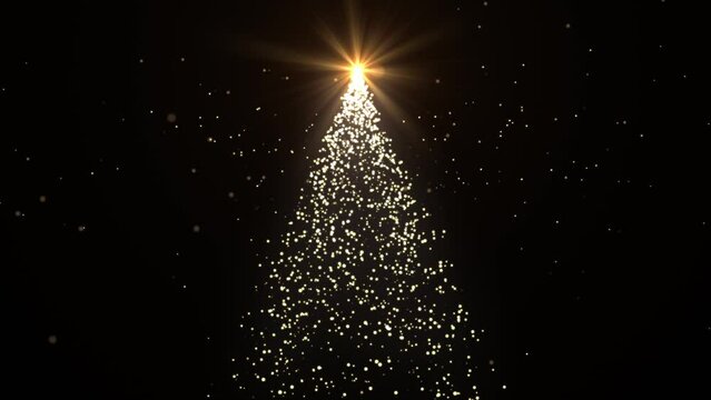 Animation of a glowing golden Christmas tree with particles lighting up the stars on black. New Year and Christmas holiday concept. Winter holiday 4k video background. 3D, 4K, seamless loop.