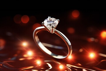 A stunning silver ring against a deep black background. Proposal ring with red diamond showcases.