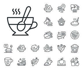 Fresh beverage sign. Crepe, sweet popcorn and salad outline icons. Cup with spoon line icon. Latte or Coffee symbol. Tea cup line sign. Pasta spaghetti, fresh juice icon. Supply chain. Vector