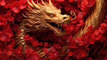Golden Dragon Amidst Red Flowers Symbolizing Chinese Prosperity - obrazy, fototapety, plakaty