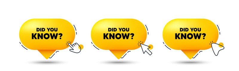 Did you know tag. Click here buttons. Special offer question sign. Interesting facts symbol. Did you know speech bubble chat message. Talk box infographics. Vector