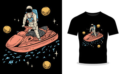 Astronaut Speedboat Ride in Outer Space Premium Vector T-Shirt Design