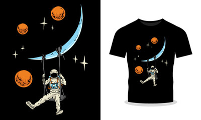 Premium Vector T-Shirt Design with Astronaut Swinging on the Moon Illustration
