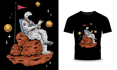 Premium Vector T-Shirt Design with Astronaut Sitting and Holding a Book Illustration