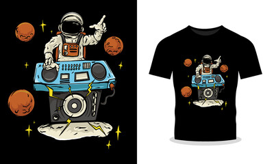 Premium Vector T-Shirt Design with Astronaut Playing DJ in Space Illustration