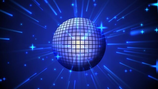 Rotating glowing disco ball with bright rays. animation for a musical disco. Lights Star Glitter sparkling disco ball. night party background. 4k video