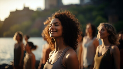Obraz premium Group of women stretching body outdoor. Yoga, breathing, exercise at park together.