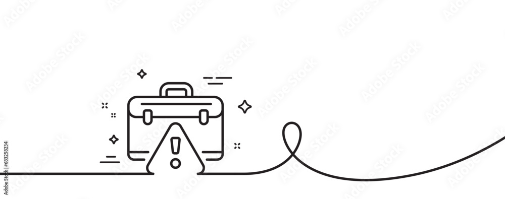 Poster warning briefcase line icon. continuous one line with curl. attention triangle sign. caution diploma