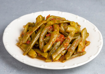 Traditional delicious Turkish food; Green beans with olive oil; Turkish name; Zeytinyagli taze fasulye
