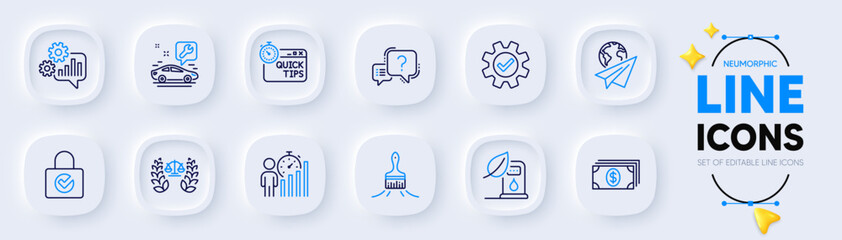 Justice scales, Question mark and Paper plane line icons for web app. Pack of Quick tips, Brush, Banking pictogram icons. Service, Car service, Business statistics signs. Petrol station. Vector