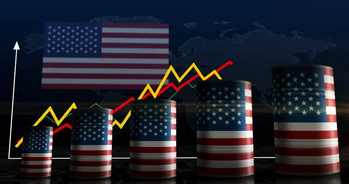 USA oil crude petroleum fuel barrels on growing chart. American petrol business and fuel extraction industrial metal containers with increase statistic diagram. 