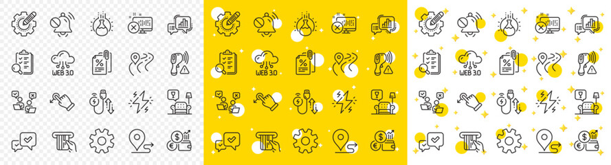 Outline Web3, Mute sound and Chemistry experiment line icons pack for web with Approve, Online voting, Lounge line icon. Tax documents, Credit card, Road pictogram icon. Service. Vector
