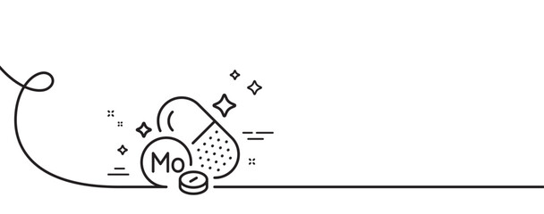 Molybdenum mineral line icon. Continuous one line with curl. Chemical element Mo sign. Capsule or pill symbol. Molybdenum mineral single outline ribbon. Loop curve pattern. Vector