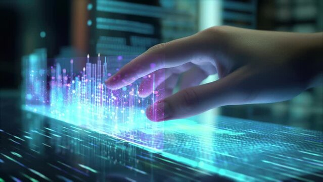 Researcher hand explores moving virtual graph with digital particles in futuristic dynamic video animation. Interactivity within a digital space, highlighting modern technological possibilities and di