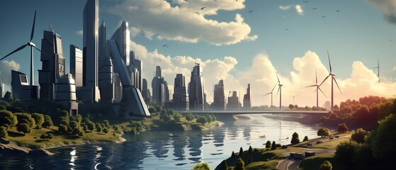 Futuristic city skyline.