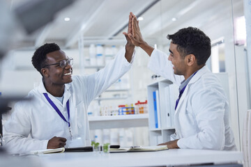 Science, high five and doctors in laboratory for celebration, deal or onboarding success. Teamwork,...