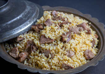 From traditional delicious Turkish cuisine; Bulgur pilaf with meat (Turkish name; etli bulgur pilavi)