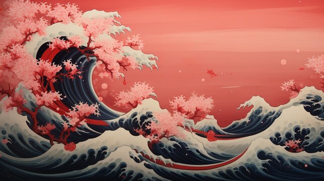 Abstract Hokusai style background with waves.