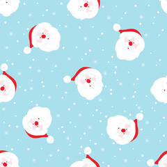 Cheerful Santa face  with snowflakes on blue background. Christmas seamless pattern for greeting card, wrapping paper, , fabrics, home decor, scrapbooking. vector