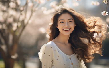 Young cheerful asian girl walking through a spring park on a bright day. Asia woman walking in a sunny spring day.
