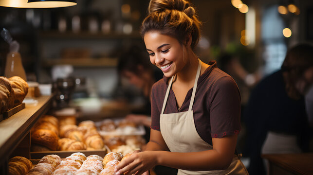 smiling female baker, offering exemplary customer service as she hands a customer their order in her retail store 