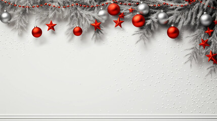 Christmas border - branches of a christmas tree with red decorations isolated on a white horizontal banner