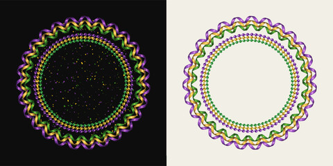 Vintage circular frame made of spiral party streamers, ribbons, strings of beads. Place for text, copy space. For Mardi Gras holiday decoration.