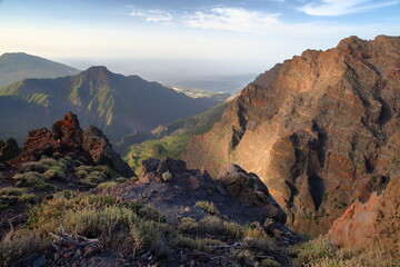 The National Park Caldera de Taburiente in La Palma, Canary Islands, Spain. View towards the volcanic crater from a hiking path leading from Mirador (Viewpoint) de Los Andenes to Roque de Los Muchacho