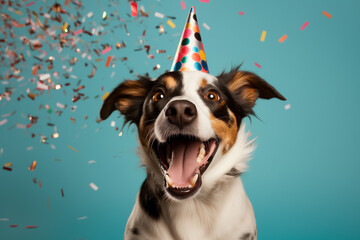 Smiling dog looks to the camera, isolated on plain blue background studio portrait. Happy animal wearing party hat surrounded by falling confetti.