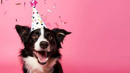 Smiling dog looks to the camera, isolated on plain pink background studio portrait. Happy animal wearing party hat surrounded by falling confetti.
