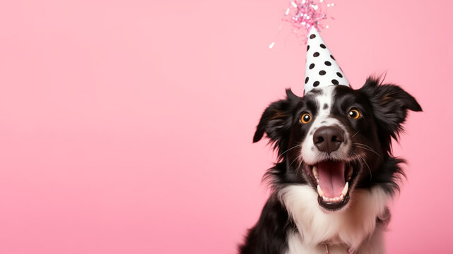 Smiling dog looks to the camera, isolated on plain pink background studio portrait. Happy animal wearing party hat.