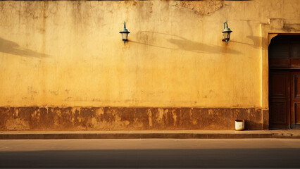 wide shot, textured semi white wall, road side wall, Indian busy street, south indian area, bright...