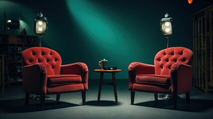 Two red chairs in podcast or interview room on dark green background.