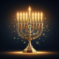 Image jewish holiday Hanukkah with menorah traditional candelabra and candles on a dark background with bright bokeh - obrazy, fototapety, plakaty