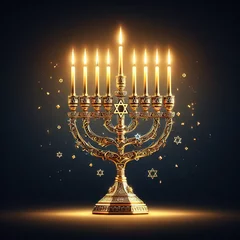 Foto op Plexiglas Image jewish holiday Hanukkah with menorah traditional candelabra and candles on a dark background with bright bokeh © Екатерина Переславце