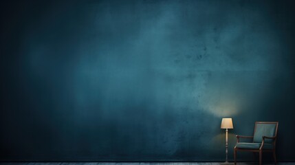 Empty dark blue wall with a armchair and a lamp.